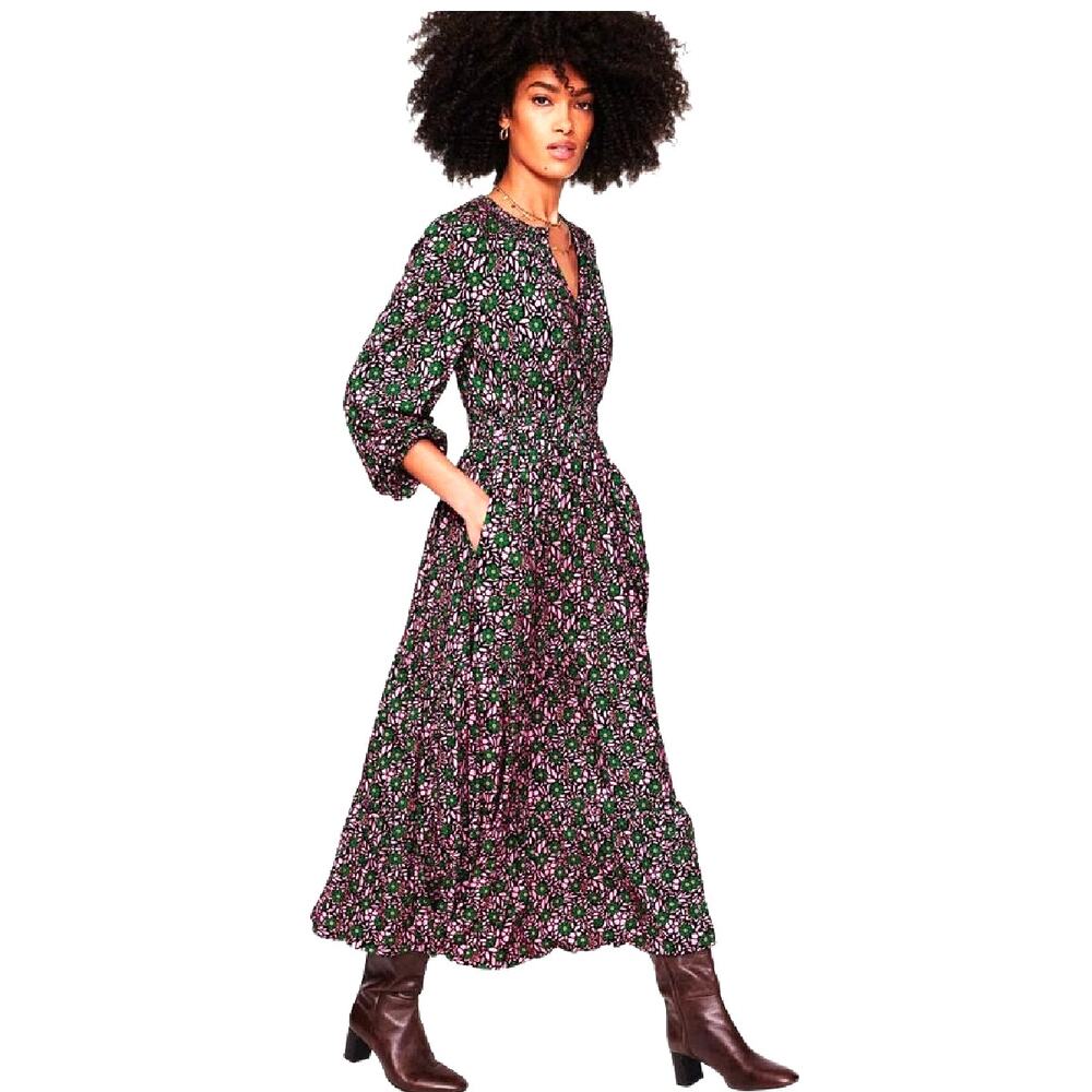 BODEN Smock Tiered Jersey Midi Maxi Dress Size 6 Long Sleeve Pink Green Floral